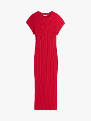 rot geripptes midi-strickkleid mit flügelärmeln für damen - tommy hilfiger