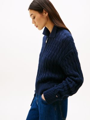 cardigan boxy zippé en maille torsadée bleu pour femmes tommy hilfiger