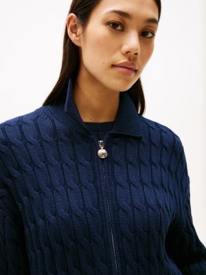 cardigan boxy zippé en maille torsadée bleu pour femmes tommy hilfiger