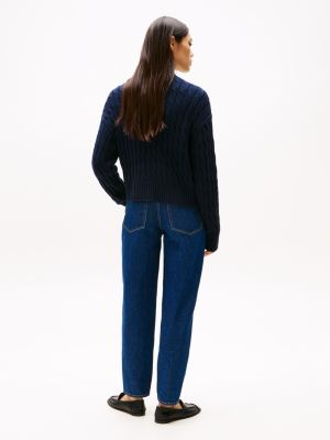 cardigan boxy zippé en maille torsadée bleu pour femmes tommy hilfiger