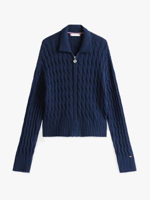 blue cable knit zip-thru boxy cardigan for women tommy hilfiger