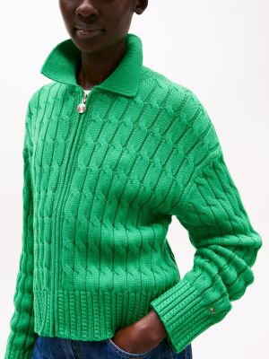 green cable knit zip-thru boxy cardigan for women tommy hilfiger