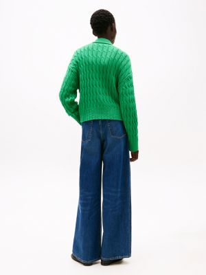 green cable knit zip-thru boxy cardigan for women tommy hilfiger