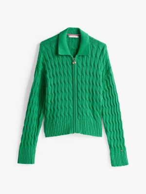 green cable knit zip-thru boxy cardigan for women tommy hilfiger