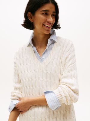 pullover relaxed fit in maglia intrecciata beige da donne tommy hilfiger