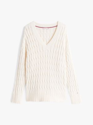 beige cable knit relaxed v-neck jumper for women tommy hilfiger