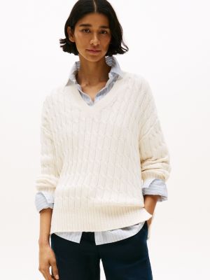 pull décontracté en maille torsadée col en v beige pour femmes tommy hilfiger