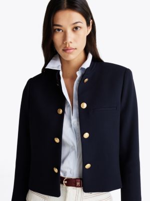 blue slim fit mandarin collar blazer for women tommy hilfiger