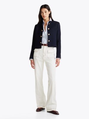 blue slim fit mandarin collar blazer for women tommy hilfiger