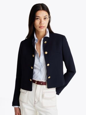 blue slim fit mandarin collar blazer for women tommy hilfiger