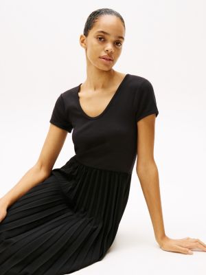 black pleated fit and flare midi dress for women tommy hilfiger