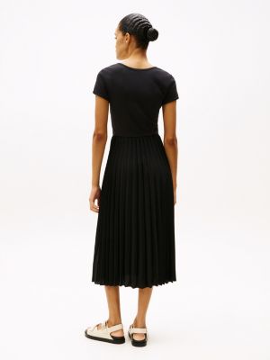 schwarz fit-and-flare-midi-kleid mit falten für damen - tommy hilfiger