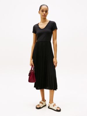 black fit-and-flare-midi-kleid mit falten für damen - tommy hilfiger