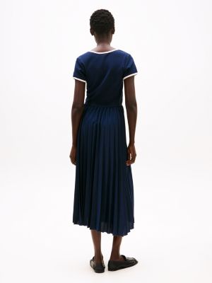 blue pleated fit and flare midi dress for women tommy hilfiger