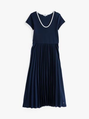 blue pleated fit and flare midi dress for women tommy hilfiger