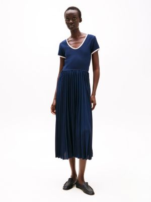 blue pleated fit and flare midi dress for women tommy hilfiger