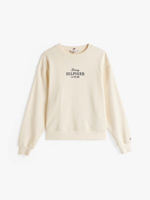 felpa con logo ricamato beige da donne tommy hilfiger