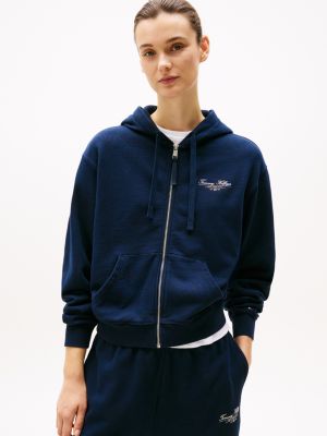 blue hoodie met rits en logo voor dames - tommy hilfiger