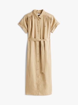 brown pure linen midi shirt dress for women tommy hilfiger