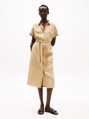 brown pure linen midi shirt dress for women tommy hilfiger