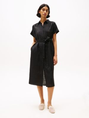 black pure linen midi shirt dress for women tommy hilfiger