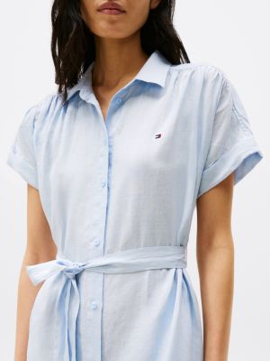 blauw midi-overhemdjurk van puur linnen voor dames - tommy hilfiger