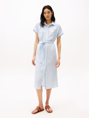 blue pure linen midi shirt dress for women tommy hilfiger