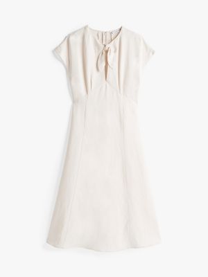 beige tie neck linen blend midi dress for women tommy hilfiger