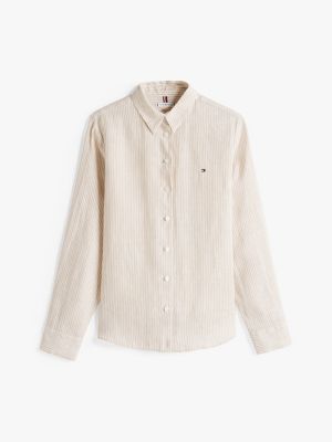 beige regular fit overhemd van linnen voor dames - tommy hilfiger