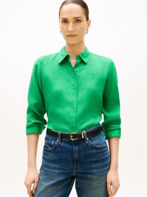 green relaxed fit pure linen shirt for women tommy hilfiger