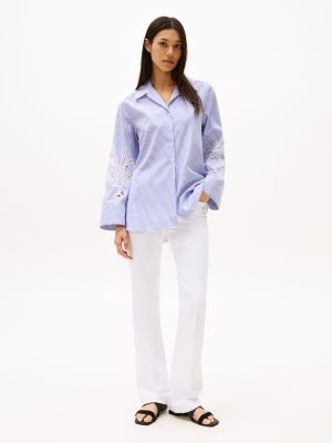 blouse décontractée à broderie anglaise bleu pour femmes tommy hilfiger