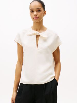 white regular fit tie neck blouse for women tommy hilfiger