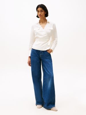 beige relaxed fit linen blend wrap blouse for women tommy hilfiger