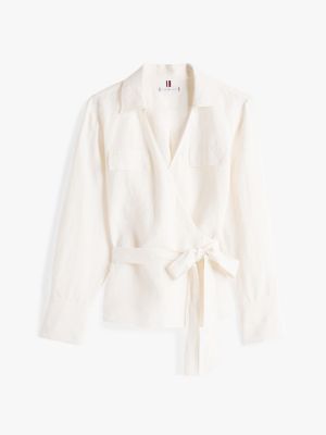 beige relaxed fit linen blend wrap blouse for women tommy hilfiger