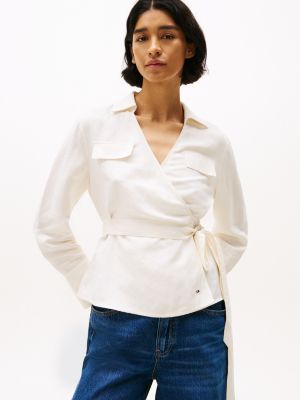 beige relaxed fit linen blend wrap blouse for women tommy hilfiger
