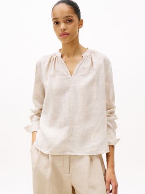 beige relaxed fit linen blouse for women tommy hilfiger