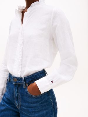 white relaxed fit ruffle linen shirt for women tommy hilfiger