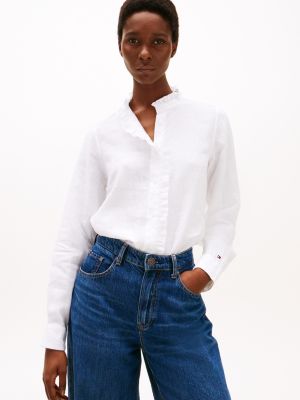 white relaxed fit ruffle linen shirt for women tommy hilfiger