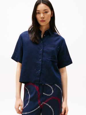 blue relaxed fit short sleeve linen shirt for women tommy hilfiger