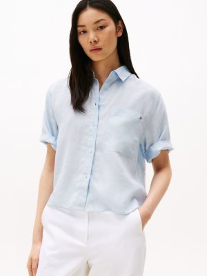 blue relaxed fit short sleeve linen shirt for women tommy hilfiger