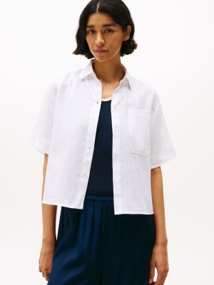 white relaxed fit short sleeve linen shirt for women tommy hilfiger