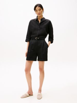 short coupe standard plissé en lin mélangé black pour femmes tommy hilfiger