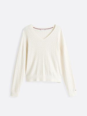 pullover in maglia intrecciata di misto lana bianco da donne tommy hilfiger