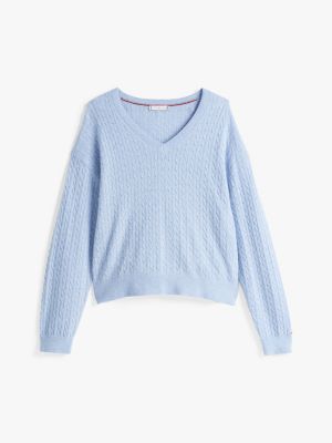 pullover in maglia intrecciata di misto lana blu da donne tommy hilfiger