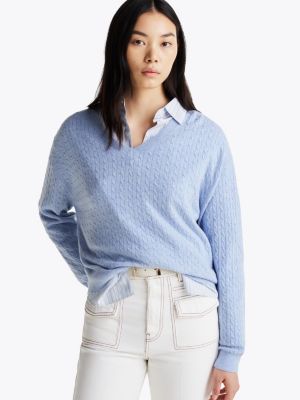 pull en maille torsadée de laine mélangée blue pour femmes tommy hilfiger