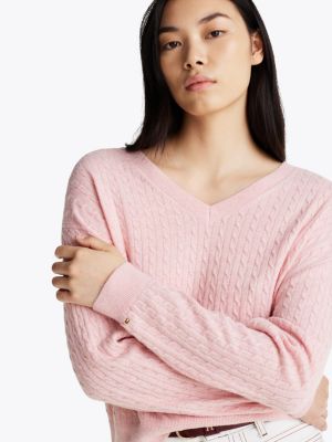 pink wool blend mini cable knit jumper for women tommy hilfiger