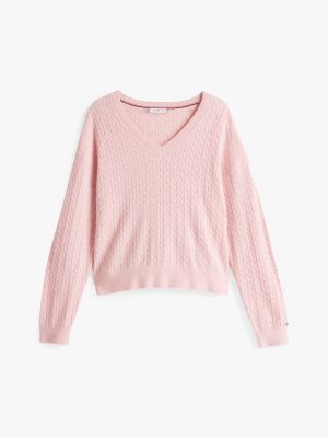 pullover in maglia intrecciata di misto lana rosa da donne tommy hilfiger