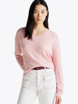 pull en maille torsadée de laine mélangée pink pour femmes tommy hilfiger