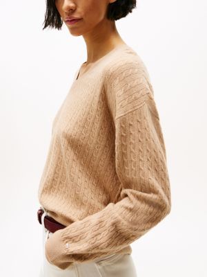 beige wool blend mini cable knit jumper for women tommy hilfiger