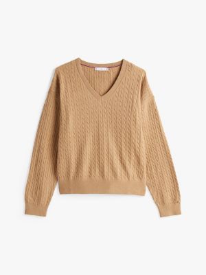 beige wool blend mini cable knit jumper for women tommy hilfiger